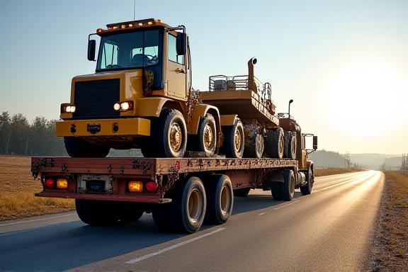 MLS flatbed truck transporting heavy construction machinery in Georgia