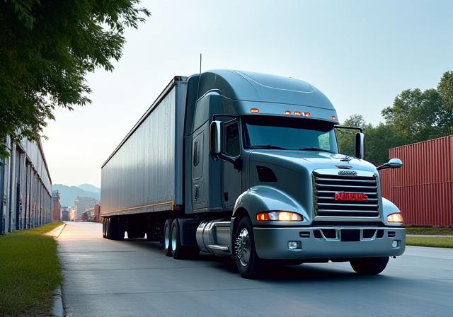 Regional truckload freight truck leaving distribution hub near Atlanta